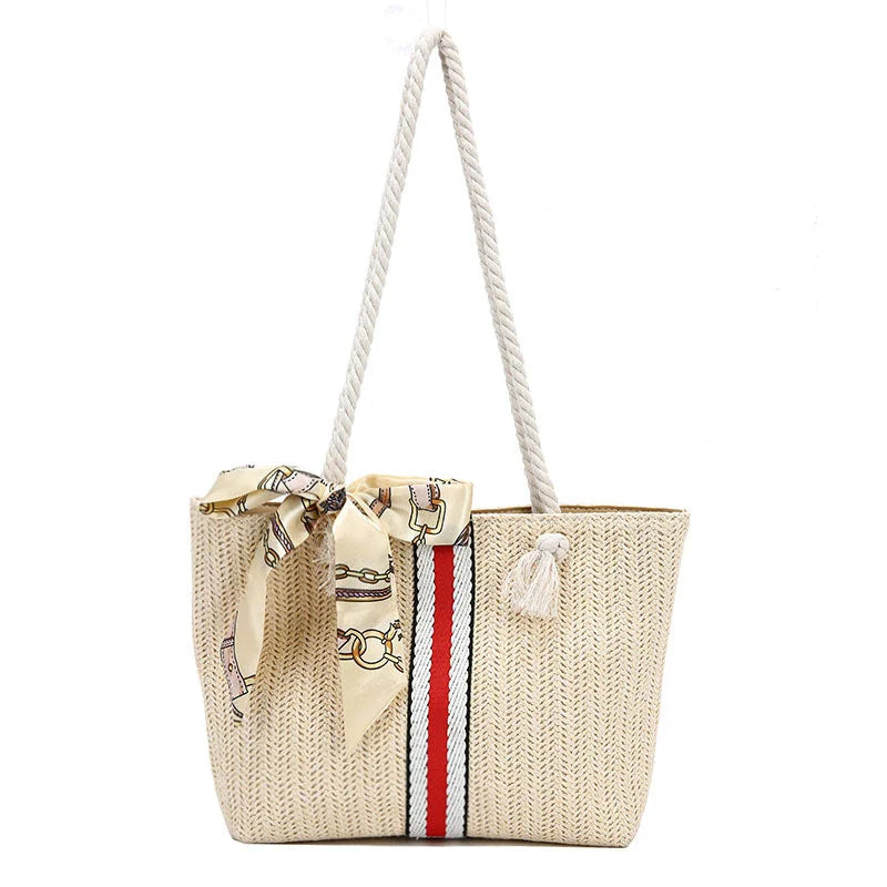 Straw Bag 2022 New Beach Woven Shoulder Bag Japan And South Korea Simple Leisure Bag Holiday Travel Silk Scarf Bag - globaltradeleader