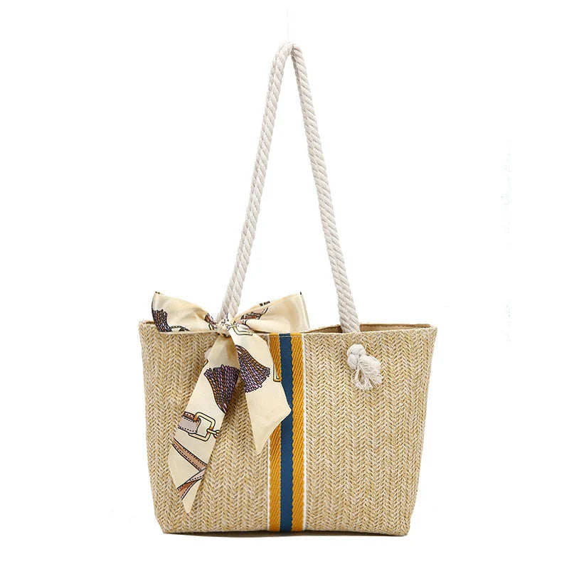 Straw Bag 2022 New Beach Woven Shoulder Bag Japan And South Korea Simple Leisure Bag Holiday Travel Silk Scarf Bag - globaltradeleader