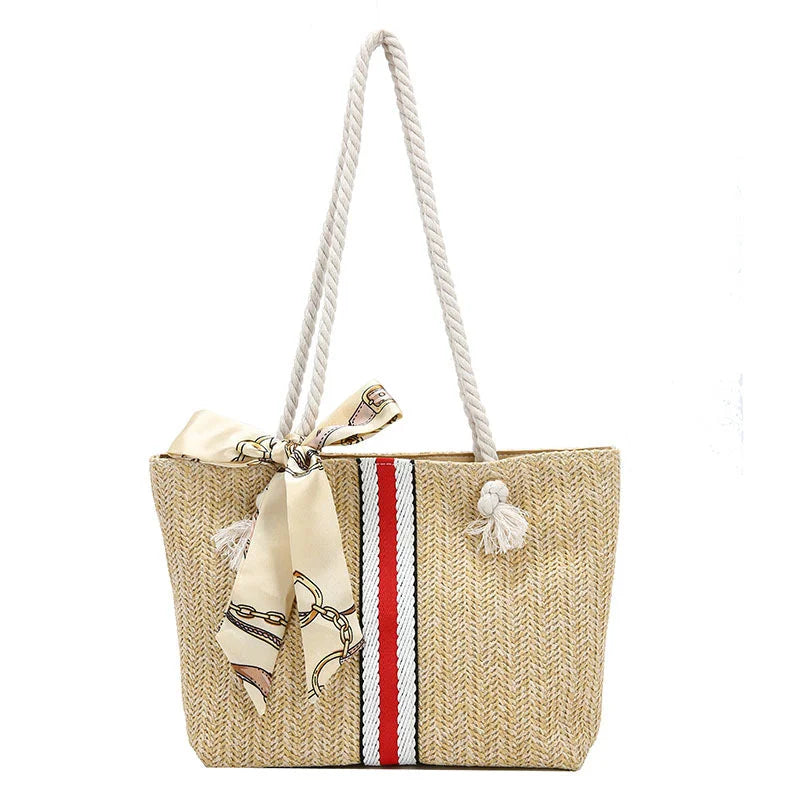 Straw Bag 2022 New Beach Woven Shoulder Bag Japan And South Korea Simple Leisure Bag Holiday Travel Silk Scarf Bag - globaltradeleader