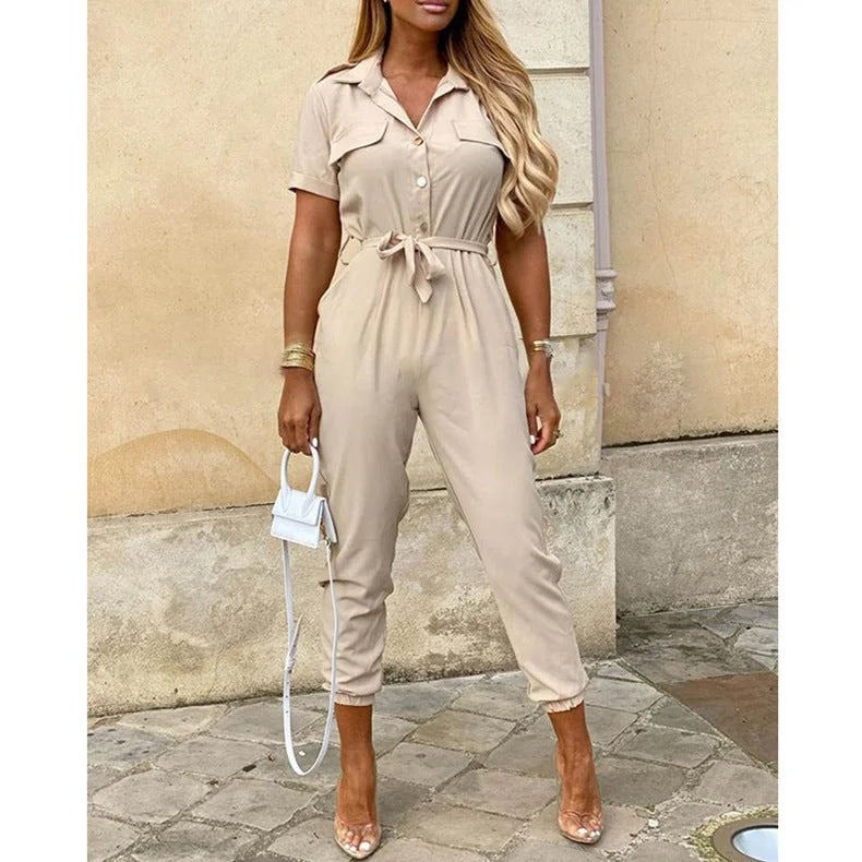 Trousers Casual Lapel Buttoned Printed Belt Overalls - globaltradeleader