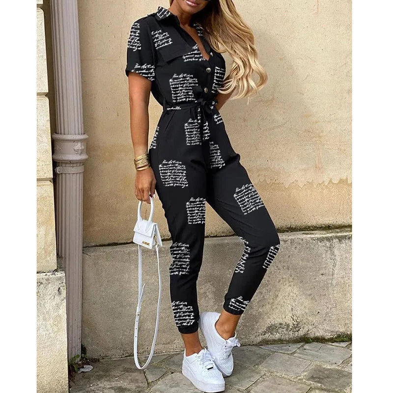 Trousers Casual Lapel Buttoned Printed Belt Overalls - globaltradeleader