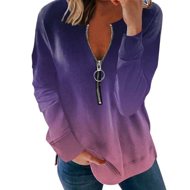 V-neck Long-sleeved Faded Flame Loose Zipper T-shirt - globaltradeleader