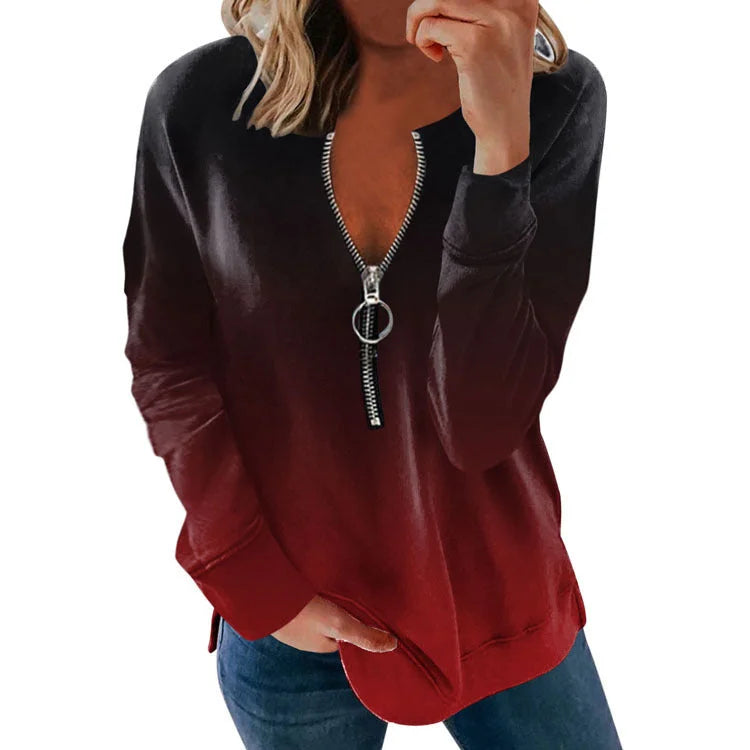 V-neck Long-sleeved Faded Flame Loose Zipper T-shirt - globaltradeleader