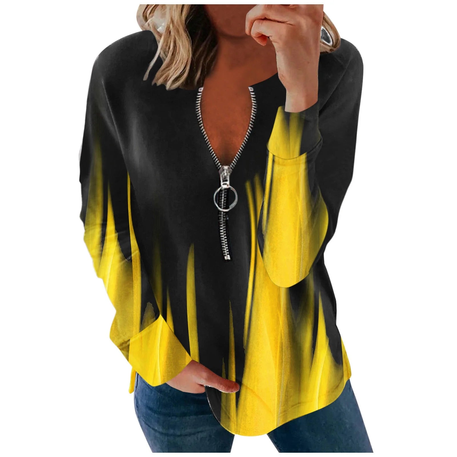 V-neck Long-sleeved Faded Flame Loose Zipper T-shirt - globaltradeleader