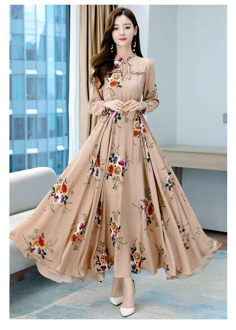 Women's Long-sleeved Waist Slimming Printed Dress - globaltradeleader
