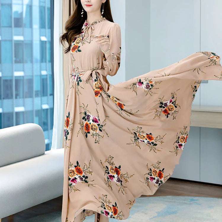 Women's Long-sleeved Waist Slimming Printed Dress - globaltradeleader