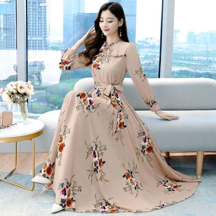 Women's Long-sleeved Waist Slimming Printed Dress - globaltradeleader