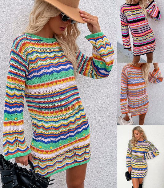 Women's Knitted Sweater Women's Rainbow Stripe Pullover Mid Length - globaltradeleader