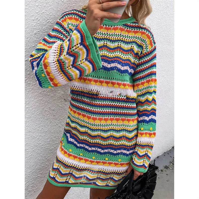 Women's Knitted Sweater Women's Rainbow Stripe Pullover Mid Length - globaltradeleader