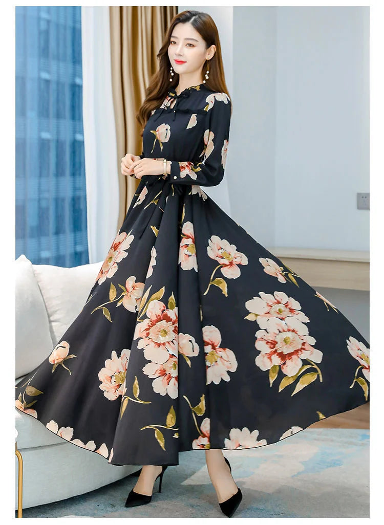 Women's Long-sleeved Waist Slimming Printed Dress - globaltradeleader