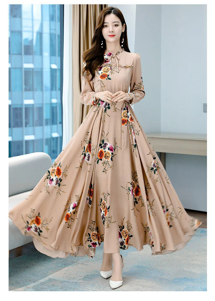 Women's Long-sleeved Waist Slimming Printed Dress - globaltradeleader