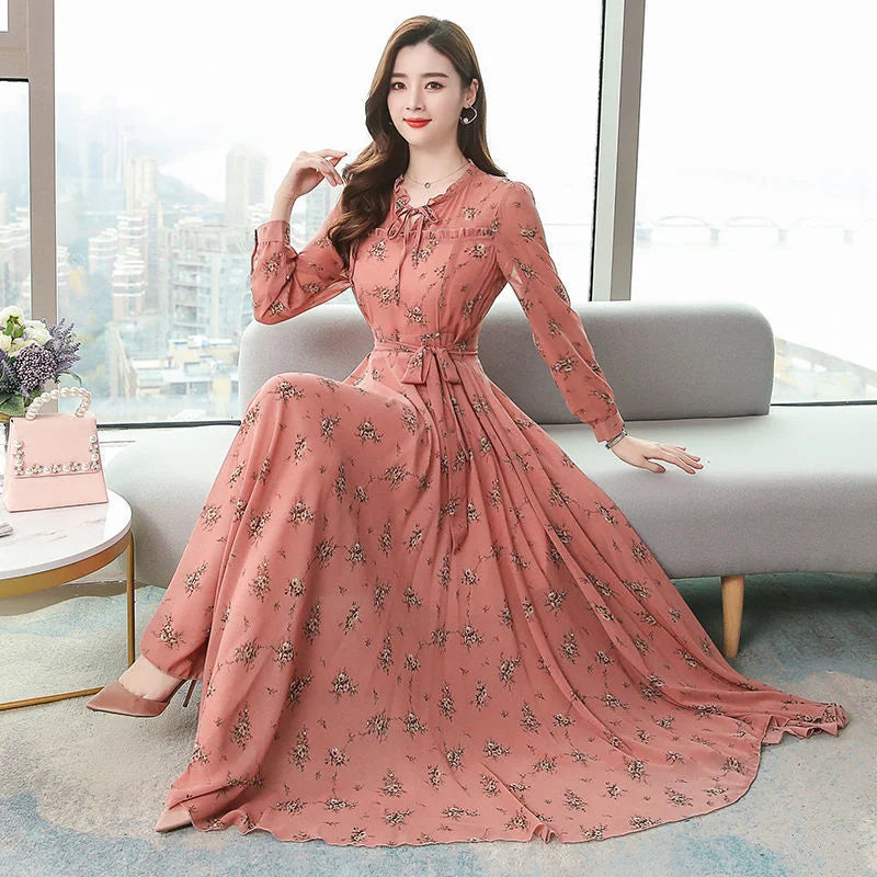 Women's Long-sleeved Waist Slimming Printed Dress - globaltradeleader