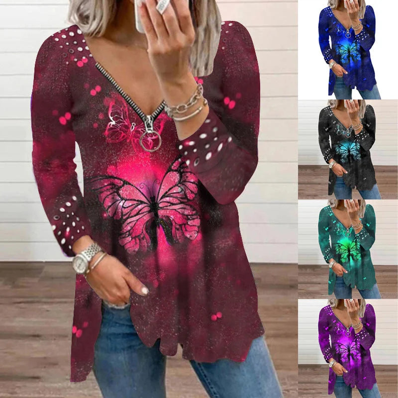 Women's V-neck Zipper Pullover Top Pearl Print T-shirt - globaltradeleader