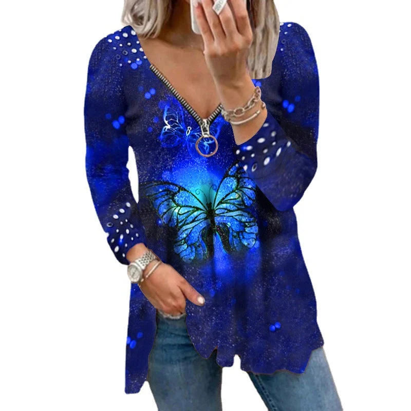 Women's V-neck Zipper Pullover Top Pearl Print T-shirt - globaltradeleader