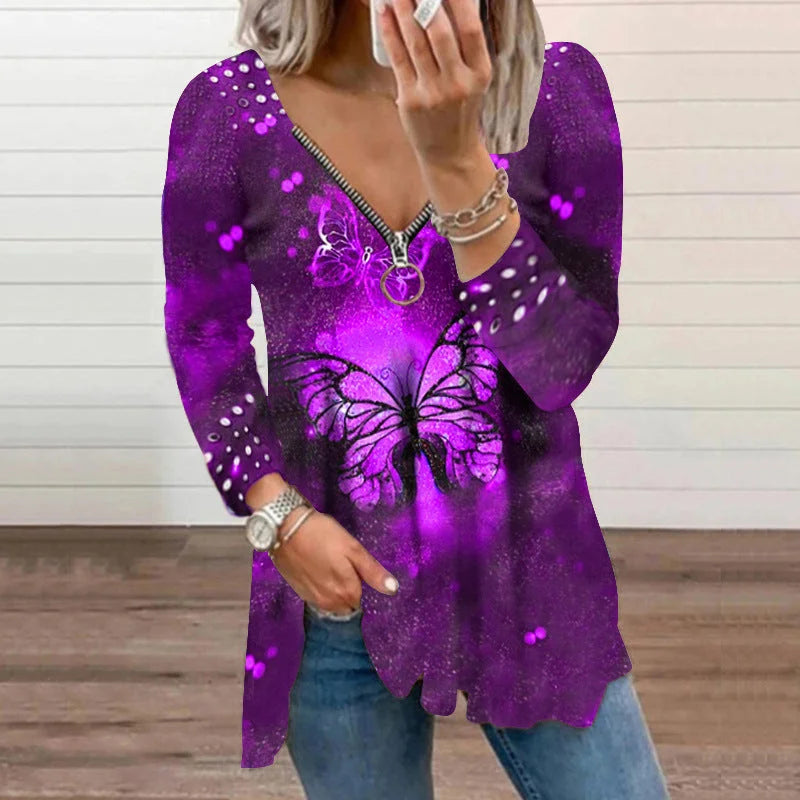 Women's V-neck Zipper Pullover Top Pearl Print T-shirt - globaltradeleader