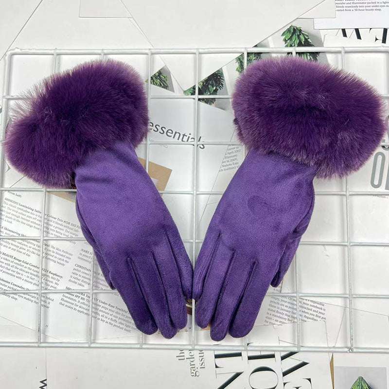 Warm Women's Fur Mouth Winter Riding Fleece-lined Finger Gloves Battery Car Thickened - globaltradeleader