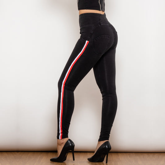 Shascullfites Melody White&Red Side Stripe Stretch Jeans Fashion Black Denim High Waist Jeggings Slim Fit Bum Lift Pencil Pants