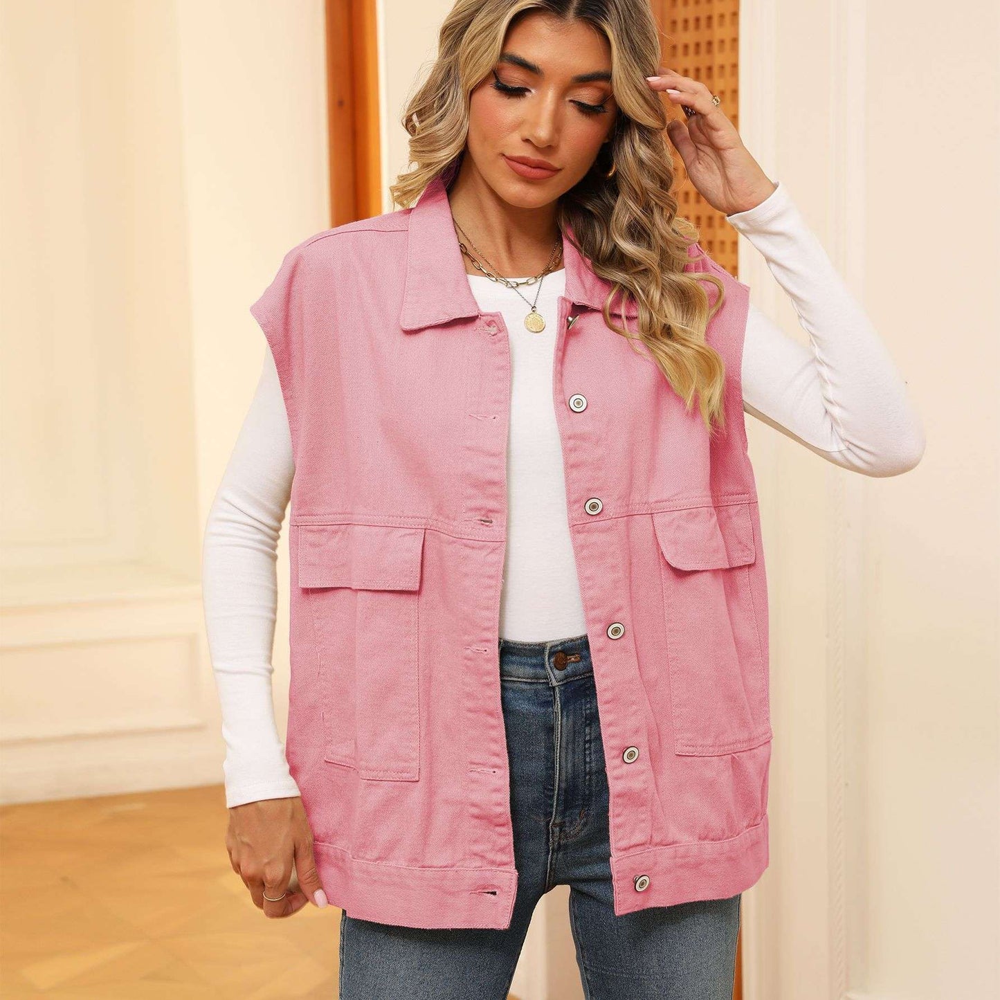 Denim Vest With Big Pockets Fashion Sleeveless Outwear Vest For Womens Clothing - globaltradeleader
