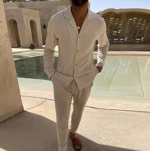 Casual Long-sleeved Suits Fashion Lapel Single-breasted Shirt Top And Slim-fit Trousers Men Clothing - globaltradeleader