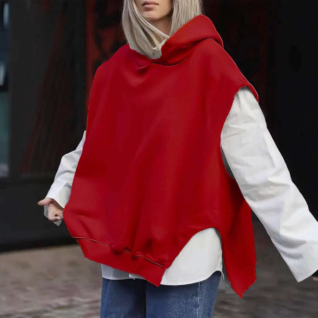 Women's Solid Color Style Loose Sleeveless Hooded Jacket Sweater - globaltradeleader