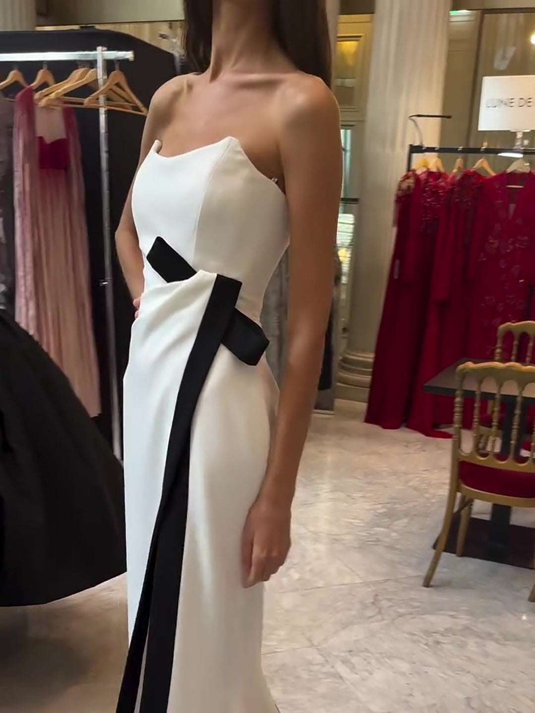 Strapless Black And White Contrasting Slit Dress - globaltradeleader