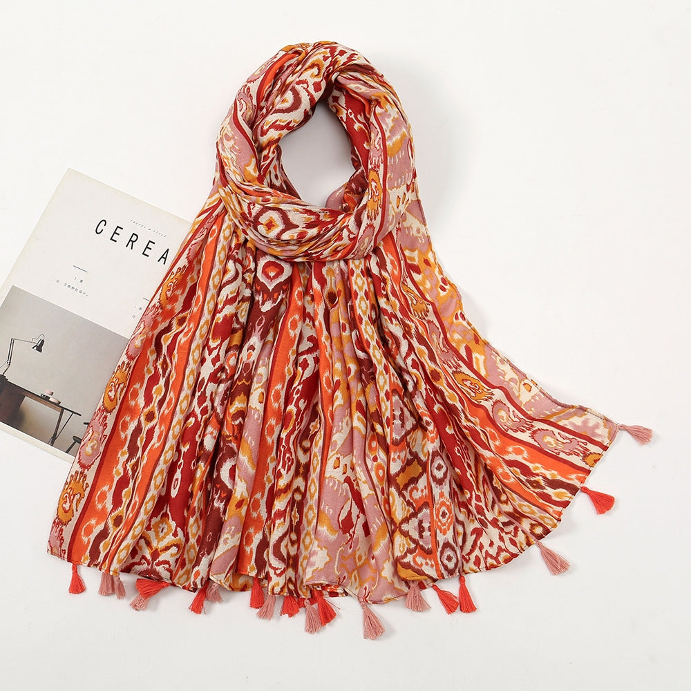 New Voile Tassel Retro Printed Geometric Versatile Fashion Travel Sun Protection Shawl Scarf