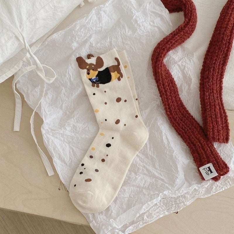 Autumn And Winter Puppy Embroidery Tube Socks Flanging Cartoon Sausage Dog Vertical Bar Bunching Socks - globaltradeleader