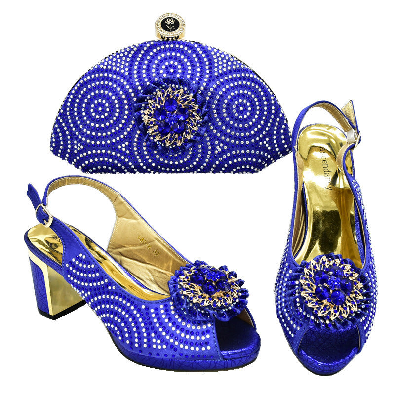 Block Heel Buckle Sandals With Rhinestone Bag - globaltradeleader