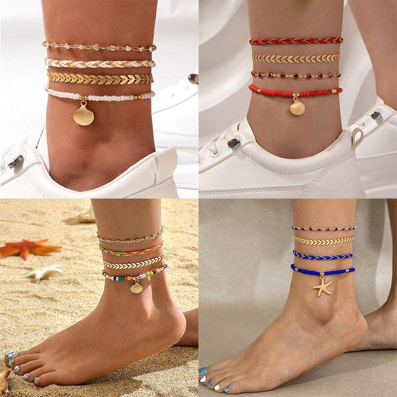 4pcs Set Bohemian Woven Rope Foot Chain For Men And Women Geometric Alloy Black Beads Dropping Oil Anklet Set Summer Fashion Jewelry - globaltradeleader