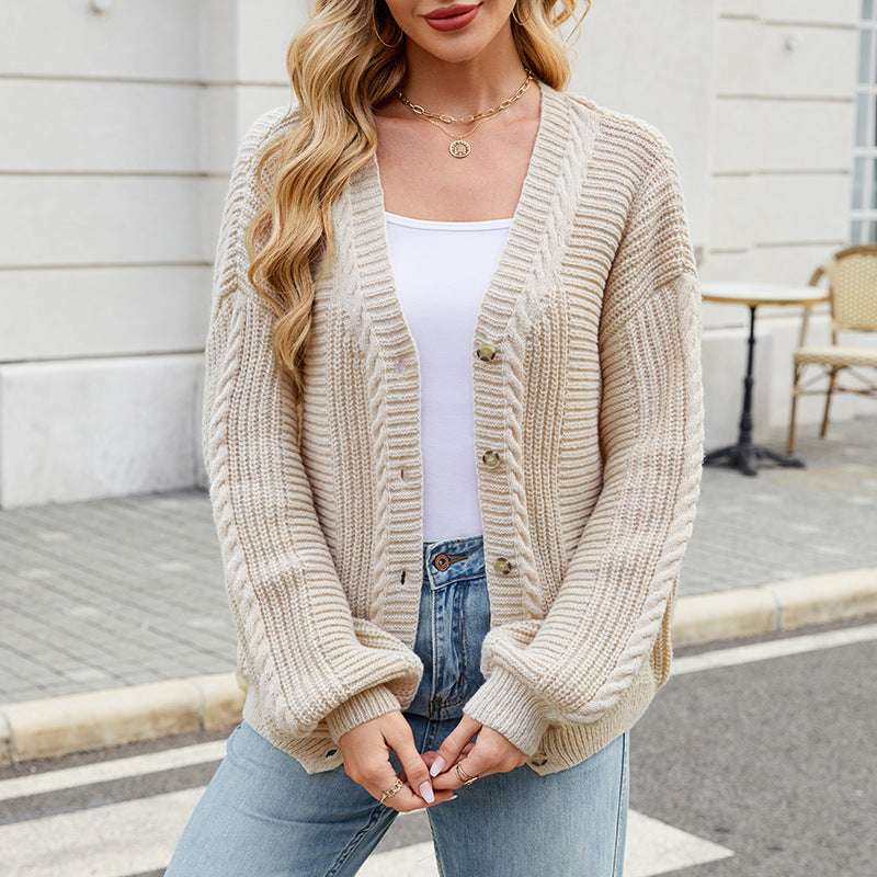 Women's Loose Long-sleeved V-neck Twisted Knitted Sweater Coat
