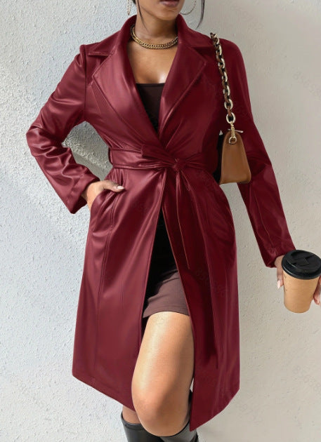 PU Long Sleeve Jacket Women's Slim Fit Long Trench Coat - globaltradeleader