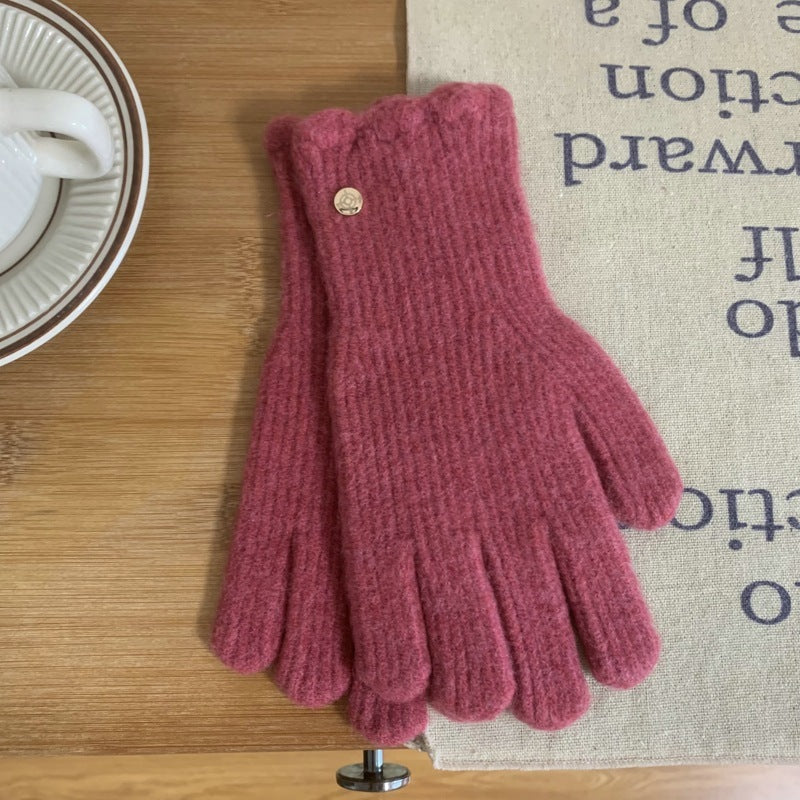 Winter Solid Color Woolen Ruffled Warm Gloves For Women - globaltradeleader