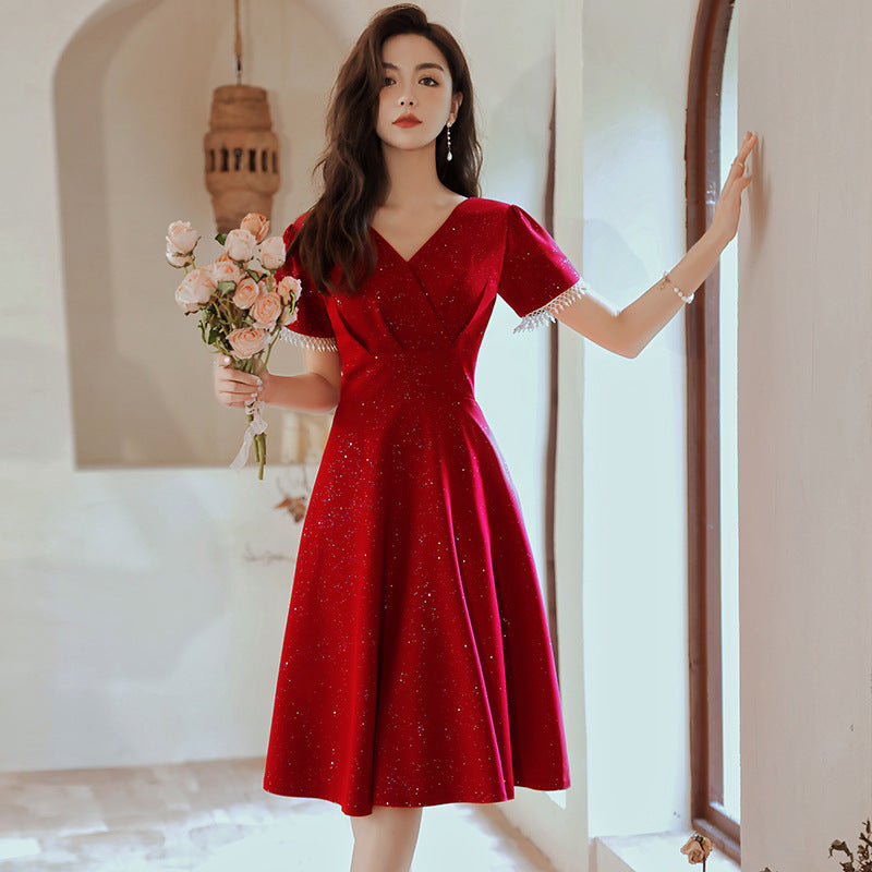 Toast Dress Bride Wine Red Wedding Dress Engagement Back Door Dress - globaltradeleader