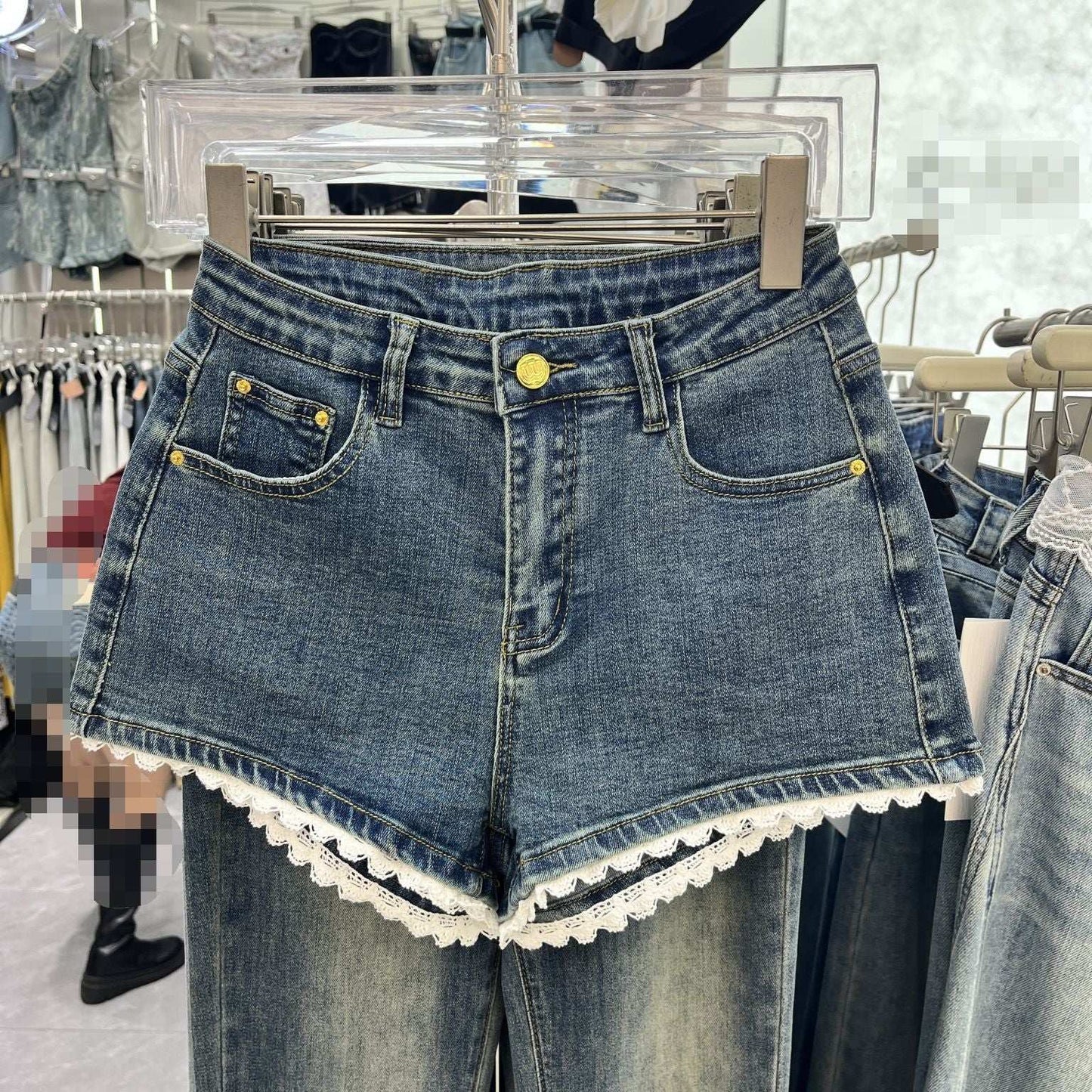 Lace Edge Stitching Sweet Chic Denim Shorts - globaltradeleader