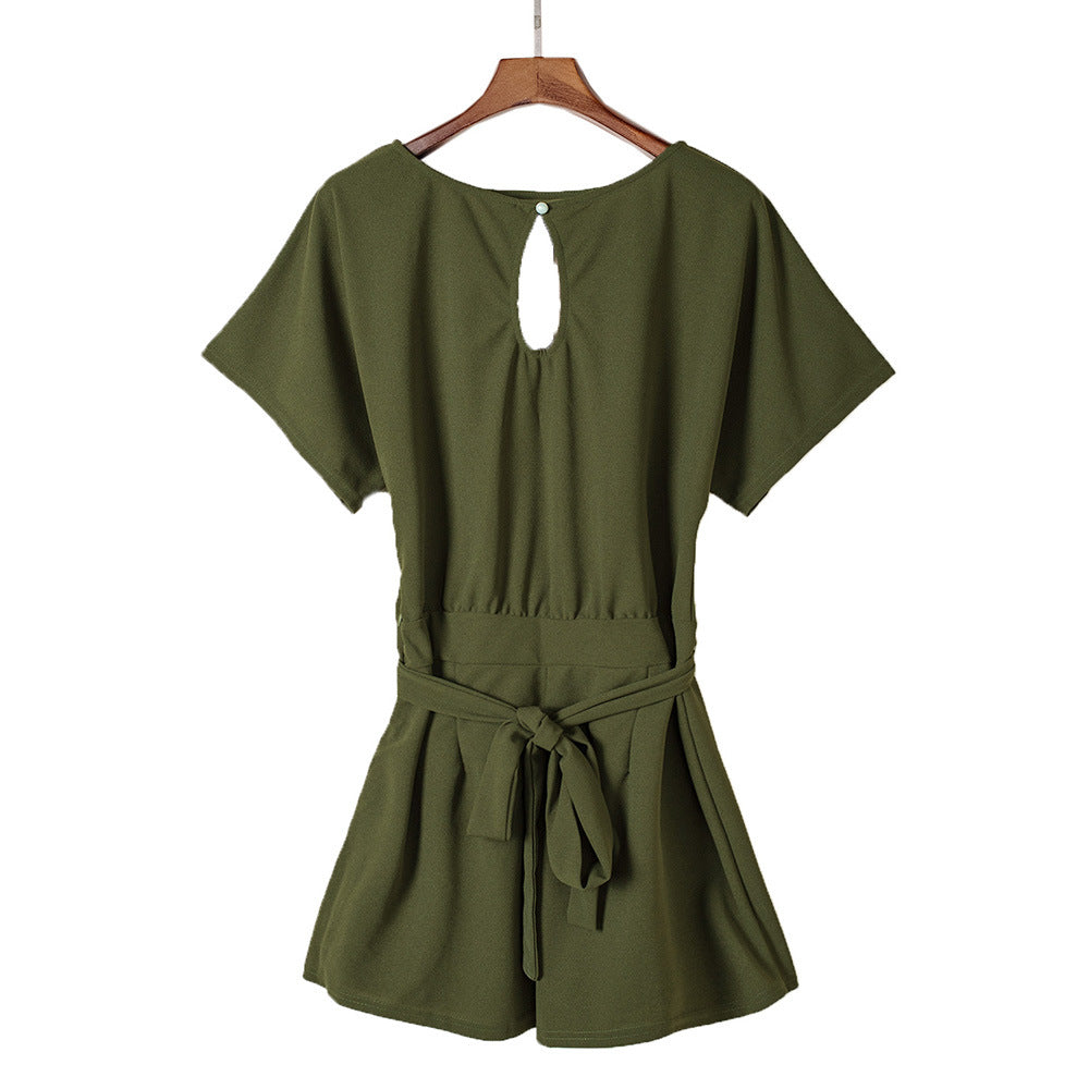 Women's Round Neck Short-sleeved Lace-up Jumpsuit - globaltradeleader