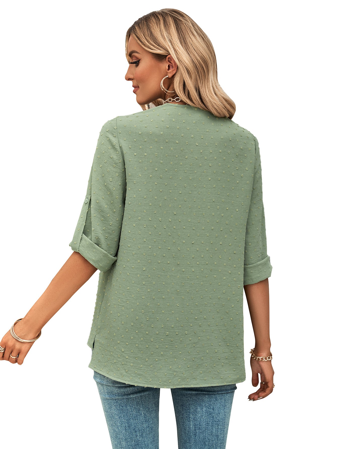 Spring And Summer Women's Clothing Fashion Solid Color Loose V-neck 34 Sleeves Top - globaltradeleader