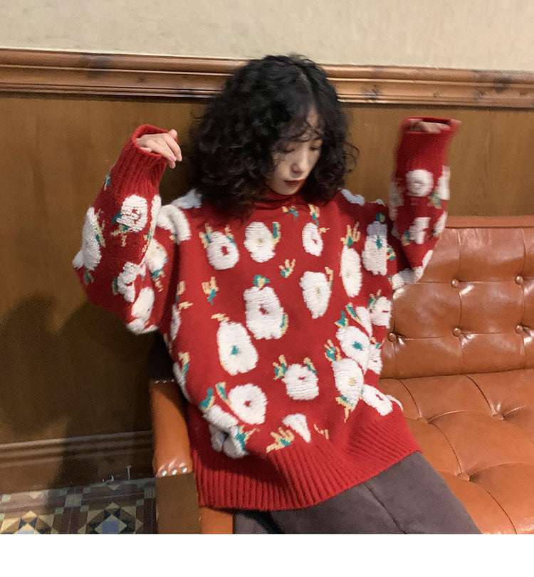 Women's High Neck Long Sleeve Christmas Knitted Pullover Sweater - globaltradeleader