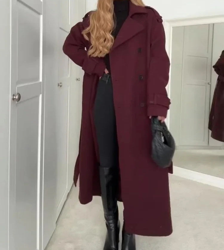 Fashion Lapel Woolen Coat With Belt Winter Double-breasted Trench Long Jacket For Women Clothing - globaltradeleader