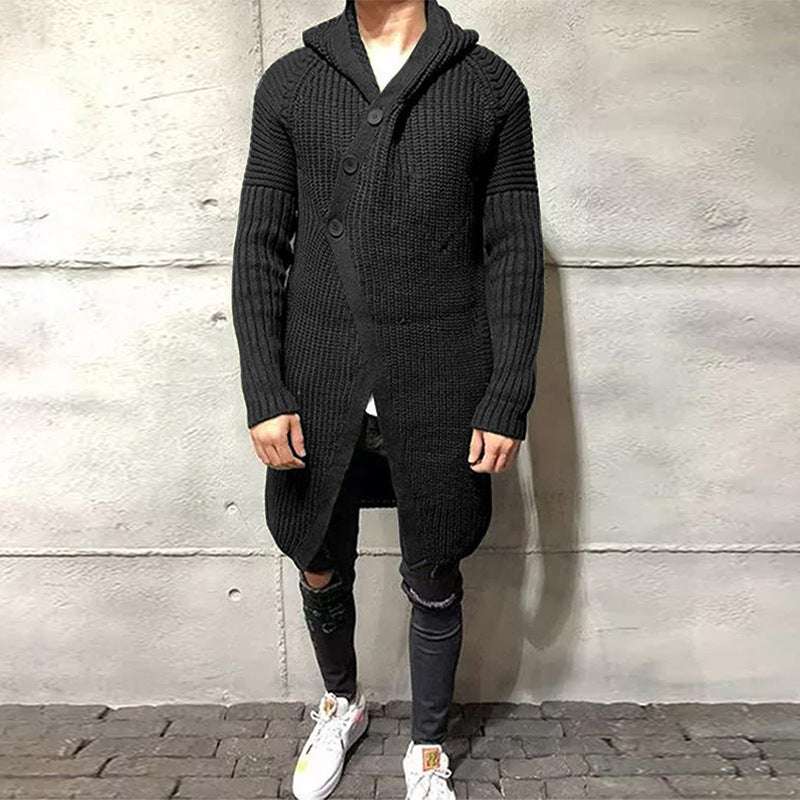 Long Knitted Hooded Sweater Coat Men Solid Color Button Casual Clothes - globaltradeleader