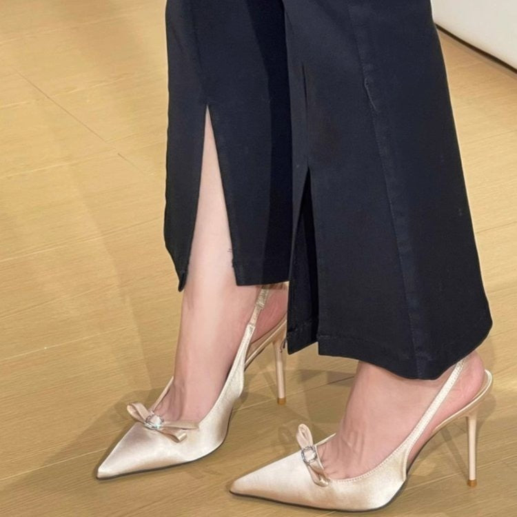 Gentle Lady Style High Heel Sandals Stiletto Heel Nude Color Low-cut Bowknot Pointed Toe - globaltradeleader