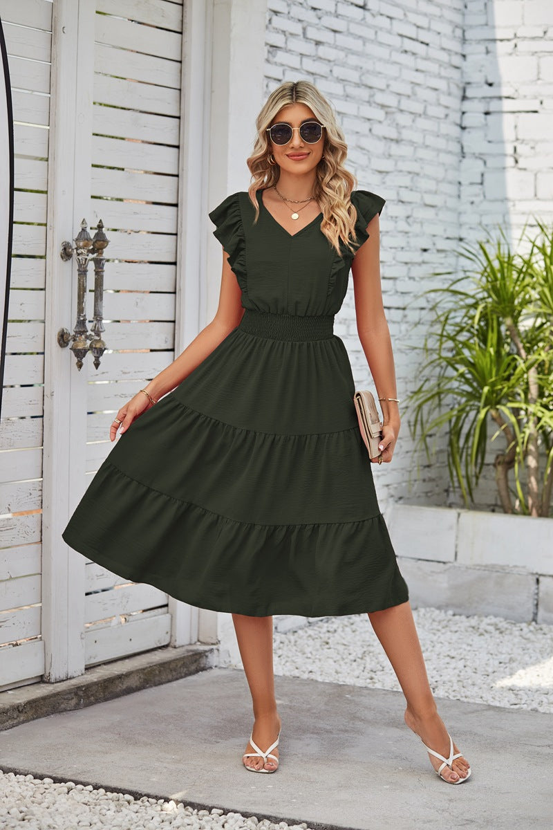 New Ruffled Sleeveless V-Neck Dress Summer Fashion Elastic Waist A-Line Dresses For Womens Clothing - globaltradeleader