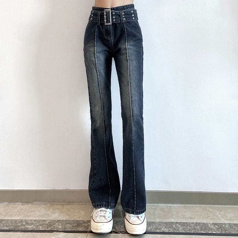 Retro Distressed Hot Girl Washed Belt Slimming Jeans - globaltradeleader