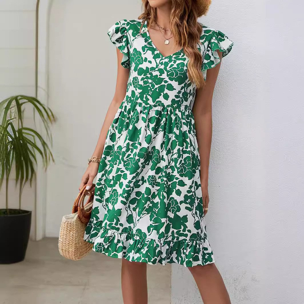 Leaf Print Dress Summer V-neck Ruffled Sleeveless A-Line Dresses Fashion Casual Holiday Beach Dress For Womens Clothing - globaltradeleader