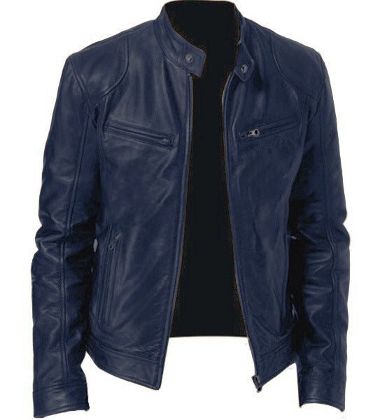 Men's Zip Cardigan PU Leather Jacket With Stand Collar - globaltradeleader