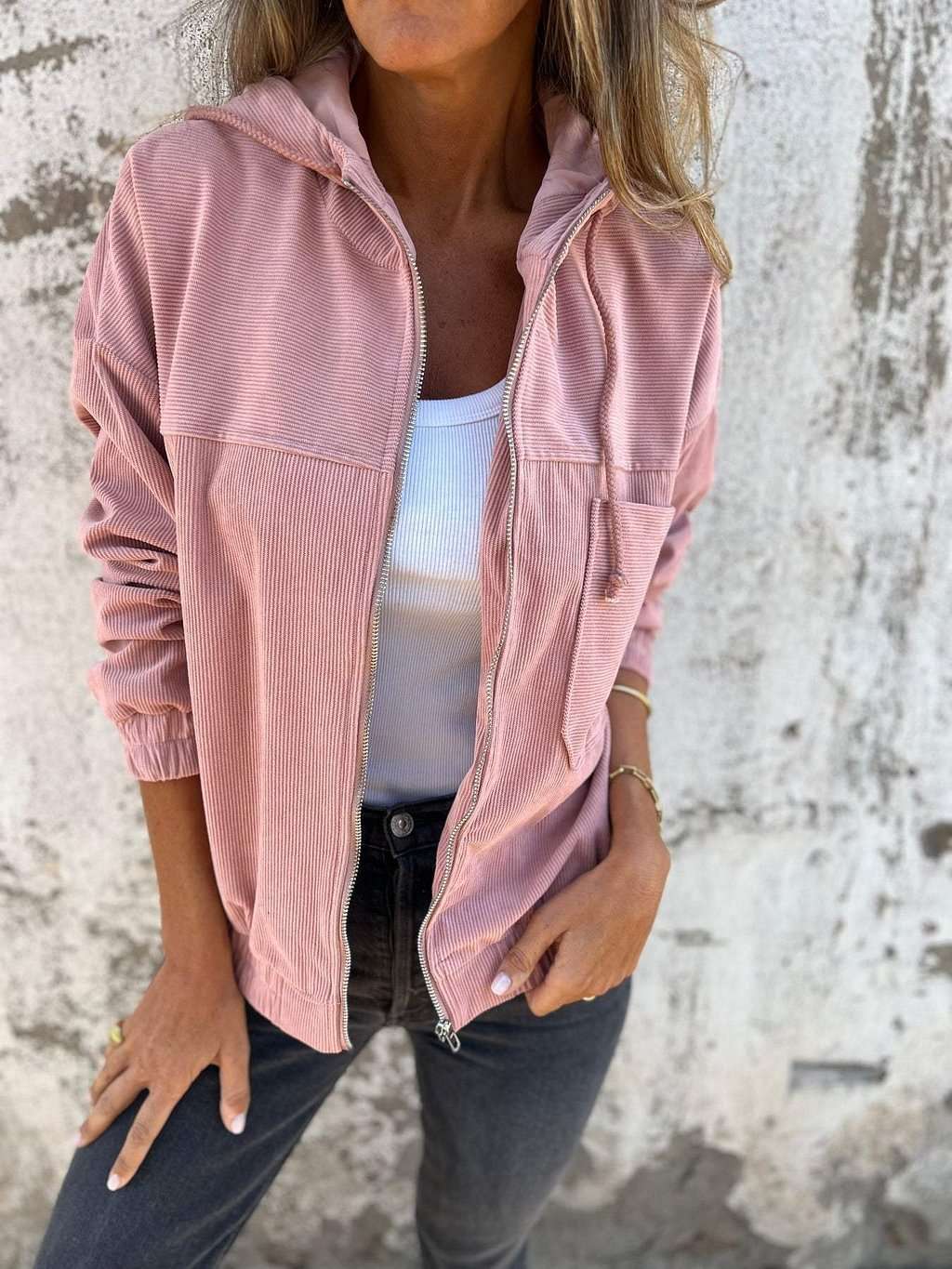 Corduroy Hooded Zip-up Jacket With Pockets Fashion Casual Drawstring Tops Outerwear Women's Clothing - globaltradeleader