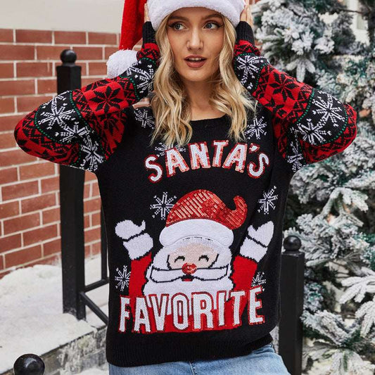 Santa Embroidered Crew Neck Knit Sweater - globaltradeleader