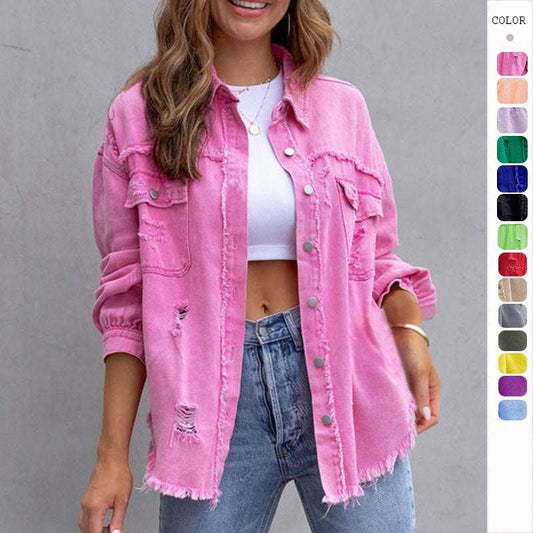 Fashion Ripped Shirt Jacket Female Autumn And Spring Casual Tops Womens Clothing - globaltradeleader