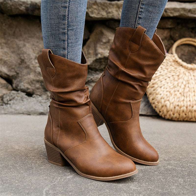 Vintage Western Cowboy Boots For Women Square Heels PU Leather Mid-Calf Shoes Autumn Winter Knight Boots Ladies - globaltradeleader