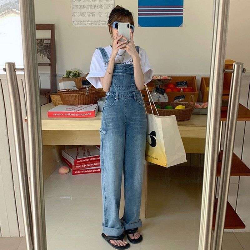 Ripped Denim Suspender Pants Women's Spring Versatile Ins High Waist Straight Wide Leg Mop Trousers Women's - globaltradeleader