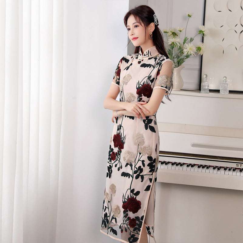 Improved Voile Embroidered Slim Fit Cheongsam Retro Stand Collar Short Sleeve Dress